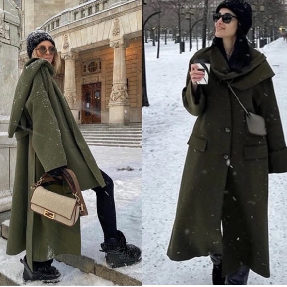 ®️　　ZARA MANTECO スカーフウールコート　ロングコート　カーキ ZARA Manteco Wool Scarf Coat Khaki NWT M/L